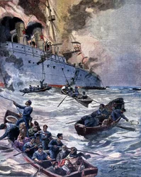 The fire of the steamship Vittoria in Alicante. Illustration by Beltrame. La Domenica del corriere. 1899