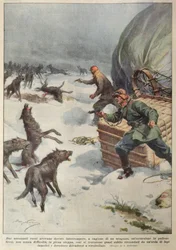 Packs of wolves attacking the crew of a grounded Russian hot air balloon, illustration from 