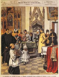 Public sign petition against divorce in sacristy, by Achille Beltrame, illustration, from La Domenica del Corriere, 9th February 1902