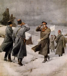Resumption of war, Turkish parliamentarian arriving in Bulgarian camp bearing message announcing end of Armistice, illustration from La Domenica del Corriere, February 9