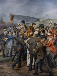 Return to Turin of aviator Perrylon, after flying in single day to Rome, Italy, illustration by Achille Beltrame from La Domenica del Corriere, June 15