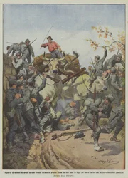 Group of soldiers surprised on a sunken road near Siena by two runaway oxen with a cart