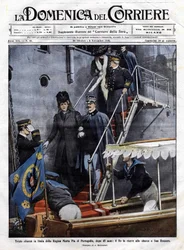 Sad return to Italy of Queen Maria Pia of Portugal after 48 years: the Italian king Victor Emmanuel III received her in San Rossore in Tuscany. Illustration by Beltrame. La Domenica del Corriere. 6/11/1910