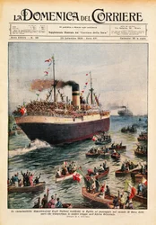 Ships carrying Italian troops to East Africa crossing Suez Canal, illustration from La Domenica del Corriere, October 20