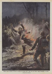 German soldier carrying incendiary materials catches fire and burns like a torch and flees