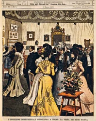 The Dukes of Aosta attending the International Photography Exhibition in Turin, by Achille Beltrame (1871-1945), from La Domenica del Corriere, 4th March 1900