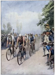 The Italian Cycling Tour with Guerra and Binda - drawing by A. Beltrame, in 