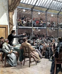 The appearance of the first trade unions in Milan in 1901. Illustration by Beltrame. La Domenica del Corriere 1901.