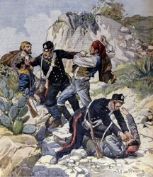 The arrest of three dangerous robbers near Trapani in Sicily. Illustration by Beltrame. La Domenica del Corriere. 23/02/1902.