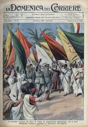 The duce Benito Mussolini on a trip to Libya is greeted by the crowd. Illustration of Achille Beltrame in 
