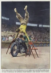 A Human Arch Balancing Between Two Chairs with a Motorcycle Passing Underneath at Speed