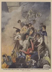 A large American tailor shop on fire, fierce struggle on the escape stairs with about seventy people