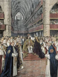 United Kingdom (1901). Coronation of Edward VII in Westminster Abbey. Illustration by Achille Beltrame published in Domenica del Corriere. Engraving.