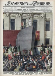 Visit of the Duke Benito Mussolini to Messina During a Trip to Sicily. Illustration by Achille Beltrame in 