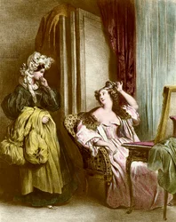 The toilet: an elegant young woman with her handmaid. Lithography by Achilles Deveria (19th century)