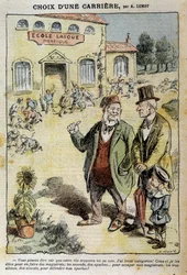 Choice of a career: Cartoon on the Laique School - by Achile Lemot, in “Le Pelerin” of 04/04/1909