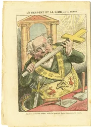 Illustration by Achille Lemot (1846-1909) in Le Pèlerin, 23/05/09 - The Snake and the File - Antimasonry, religion and faith, Christian cross, fables by La Fontaine and others, Catholicism - Secularization, secularism, laity - Snakes - Animalization