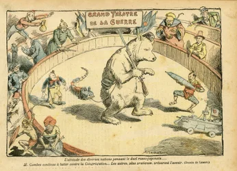 Illustration by Achille Lemot (1846-1909) in Le Pelerin, 28/02/04 - The attitude of various nations... - Russia, Russo-Japanese War - Émile Combes, bear, fairground bear - Animalisation, carnival/game/circus