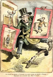 The results: one lyceen suicide in Clermont, another in Bourg: results of morality without God at school! - Cartoon by Achille Lemot in Le Pelerin (1909) - opposition of Laique and religious teaching (Catholic) - an official of the Republic wea