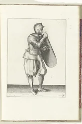 The exercise with the targe and rapier: the soldier holds the targe with the right hand and grabs the strap with the left hand (no. 3), 1618
