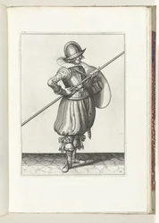 The exercise with shield and pike: the soldier brings the pike into position to drag in two movements, first movement (no. 13), 1618