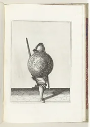 Exercise with Shield and Spear: The Soldier in a Defensive Stance with One Foot Forward and His Rapier and Shield on His Knee in Front of His Body, Seen from the Front (no. 22), 1618