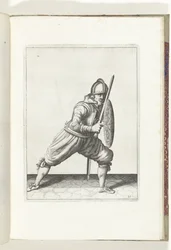 Exercise with Shield and Pike: The Soldier in a Defensive Stance with One Foot Forward and His Rapier and Shield on His Knee in Front of His Body (No. 21), 1618