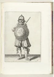 The Exercise with Shield and Pike: The Soldier Standing at Rest with His Rapier Resting on the Left Shoulder Behind the Shield, 1618