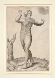 A Nude Man Who is Frightened by Seeing the Moon and the Sun in the Sky at the Same Time