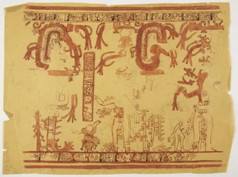 Design from a pot Belize (formerly British Honduras) Design includes human figures and feathered serpents
