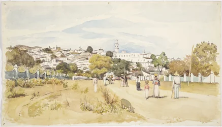 Men, women and children walking along a road with a village in the background, Jalapa (Xalapa) Veracruz, Mexico