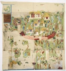 Painting of a mural from the north panel on the west wall, Temple A, Great Ball Court, Chichen Itza Yucatan, Mexico