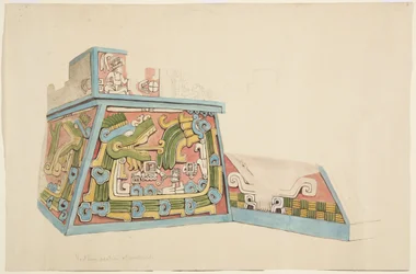 Painting of a stone relief from Xochicalco, Mexico North end of west side of lower terrace
