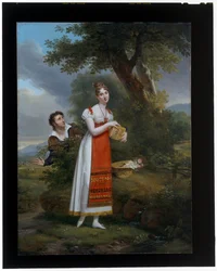 Lady Holding a Bird Cage Surprised by a Man, a Stag Hunt Beyond