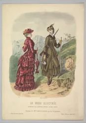 A Lady in a Hunting Costume with a Lady in Walking Costume on a Mountain Path from La Mode..., 1881