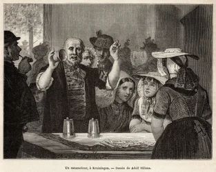 A retractor, in an inn in Kruiningen, makes his number in front of attentive spectators, engraved after the drawing by Adolf Dillens, illustrating a journey to Zelande (Neerlande), in 1873, by Charles de Coster, published in 