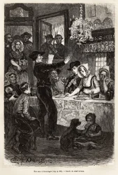A wedding in Kruiningen, after the celebration of the wedding by the mayor, the feast brings together the cortege and the young wives in a cabaret, where the local poet received a compliment to the young spouses with the sound of the violin and a flute