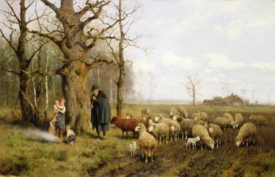 Children with a Shepherd and Sheep in a Landscape