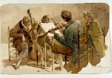 Four musicians: Three violinists and one cellist. Poster by Adolfo Hohenstein