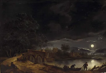 Full Moon over Village on the River with Bridge and Figures