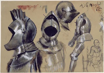 Breastplates and helmets in three views, two standing suits of armour