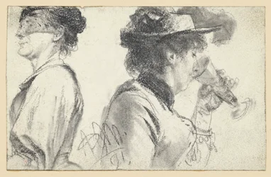 Bust Portrait of a Lady with a Veil and a Lady with a Hat Drinking from a Glass
