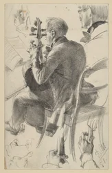Cellist Facing Left, Seen Half from the Back. Studies of Head and Hands. Preliminary Study for the Painting "Flute Concert of Frederick the Great at Sanssouci"