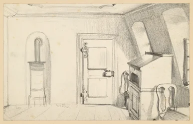 Attic Room with Stove, Door, Writing Cabinet and Chairs in the Goethe House in Frankfurt am Main