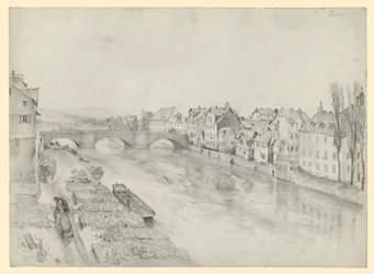 The Fulda in Kassel. River Landscape with Bridge and Houses