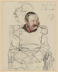 Lieutenant General von Kumowski, knee-length portrait, seated facing forward, head inclined to the left, left: study of the head in profile to the left, portrait study for "The Coronation of Wilhelm I in Königsberg"