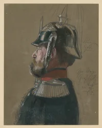 Karl Friedrich Count von Goltz, Major General, Bust Portrait with Helmet and Sword, Profile to the Left, Portrait Study for “The Coronation of Wilhelm I in Königsberg”