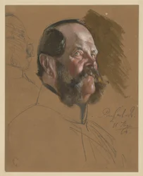 Prince Karl of Prussia, bust, three-quarter profile to the right seen from below, left: face in profile to the right (crossed out), portrait study for "The Coronation of Wilhelm I in Königsberg"