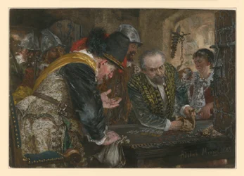 Contribution, soldiers - their captain on the left - receive money and silver from an older man