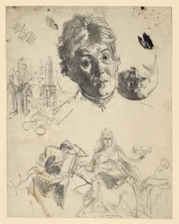Head of an Older Woman, Repeated Chin Area, Architectural Sketch, Figurative Sketch for an Allegory